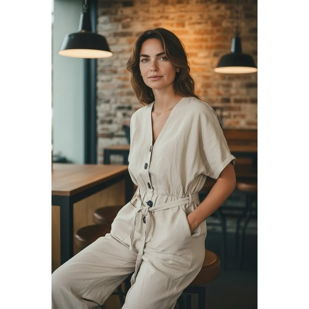 Zara Basic Linen Cotton Blend Jumpsuit Romper‎ Safari Belted Beige Pant Suit XS